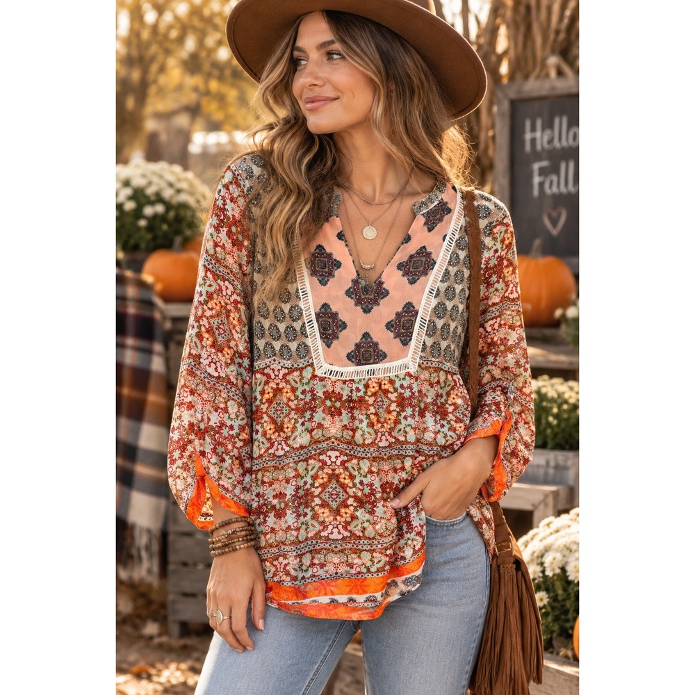 Figueroa & Flower Boho Mixed Print Roll Tab Sleeve Tunic Blouse Medium